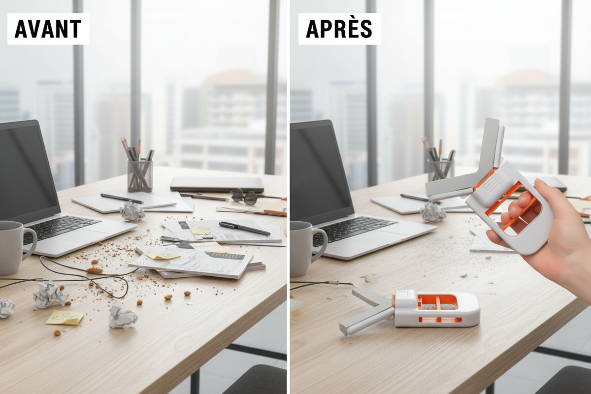 Avant après - bureau propre grâce à la mini serpillière